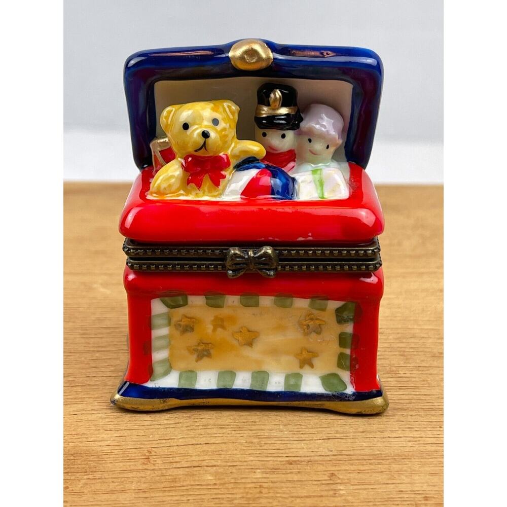 Vintage Open Toy Box Enamel Trinket Box With Teddy Bear Doll Toy Soldier